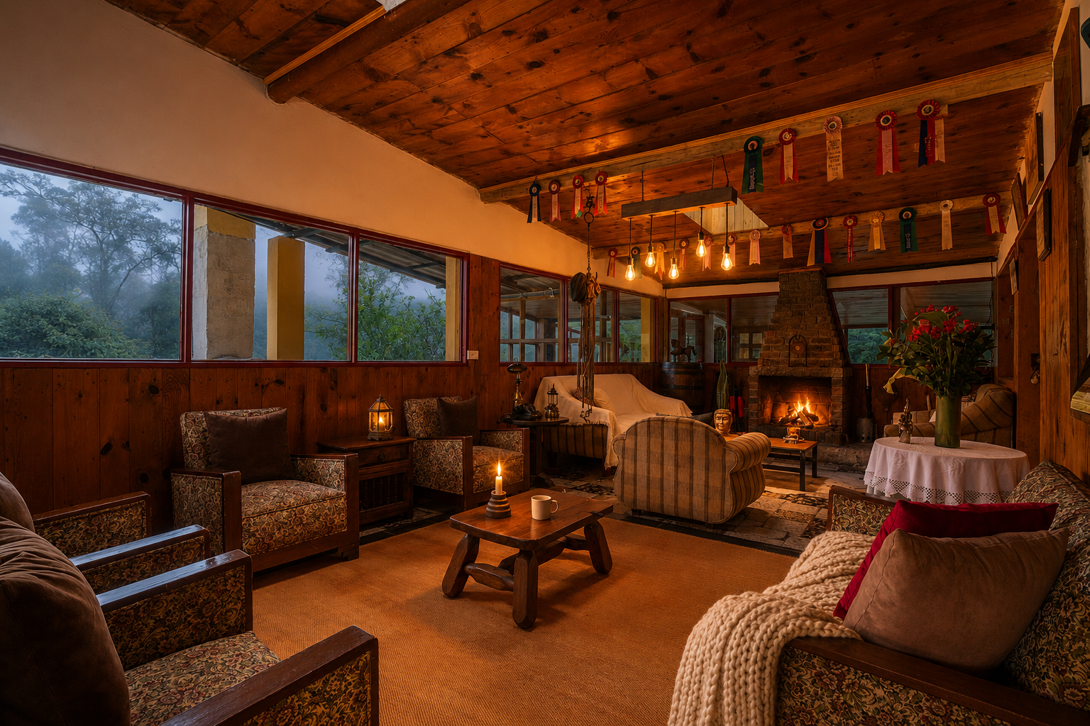 Sala con chimenea de la cabaña